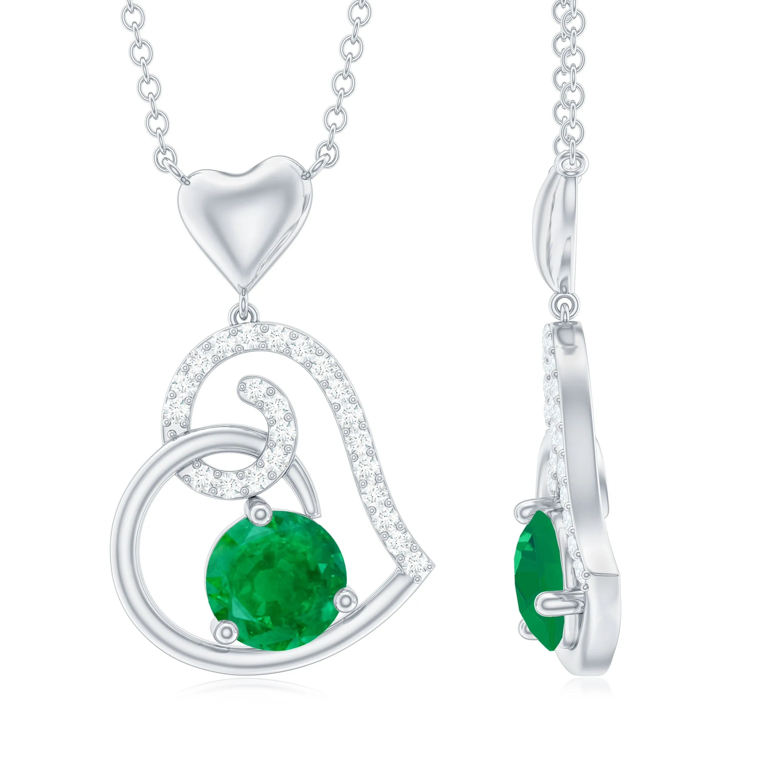 1 CT Emerald and Diamond Heart Drop Pendant