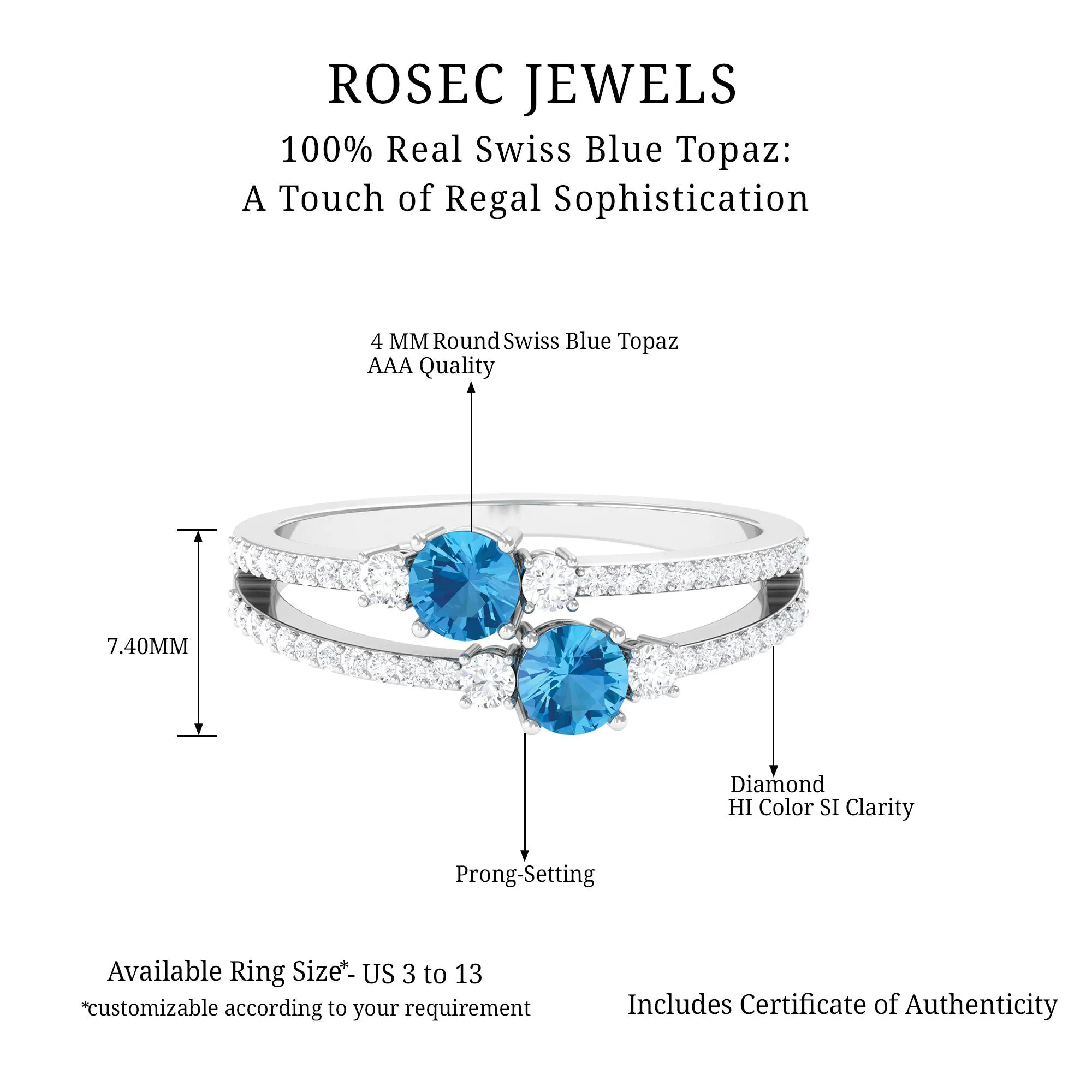 1 CT Swiss Blue Topaz and Diamond Anniversary Double Band Ring