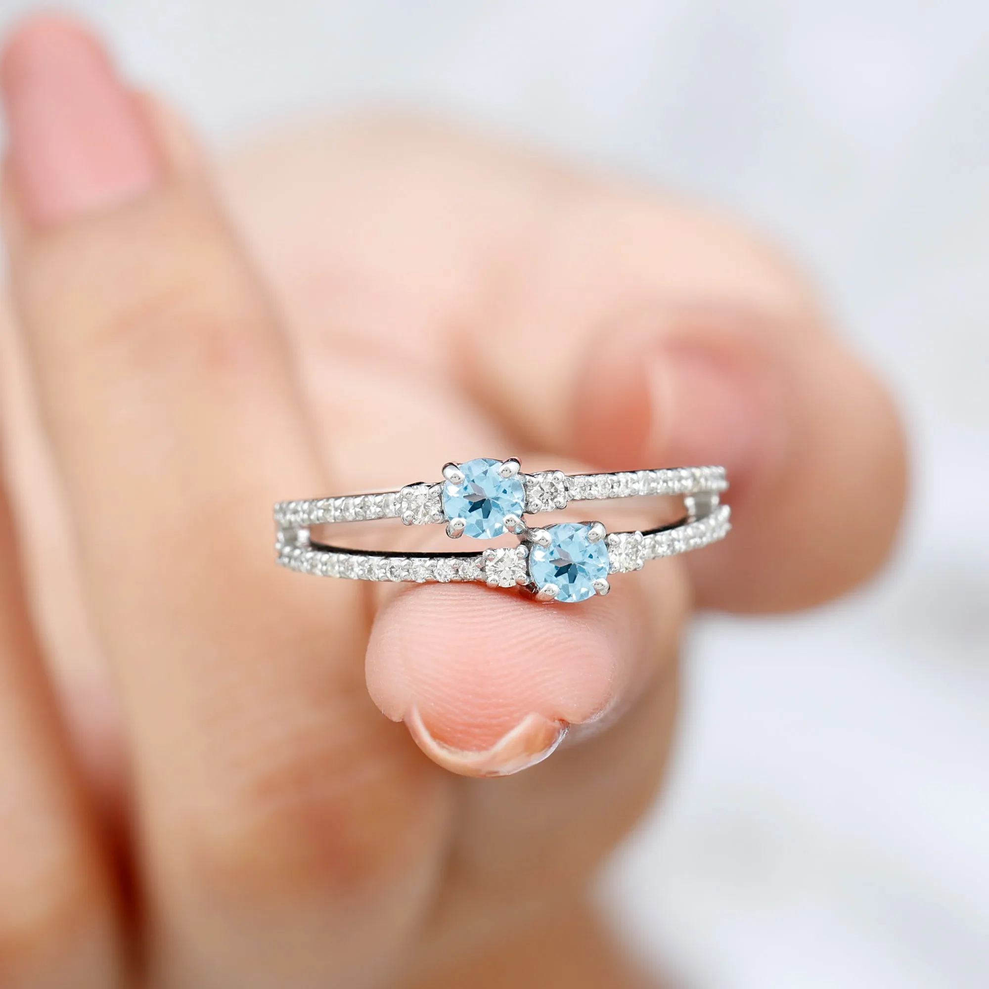 1 CT Swiss Blue Topaz and Diamond Anniversary Double Band Ring