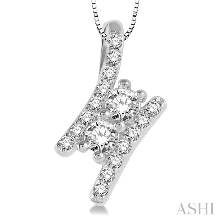 1 Ctw Twin Center Parallel Bar Round Cut Diamond 2Stone Pendant With Link Chain in 14K White Gold