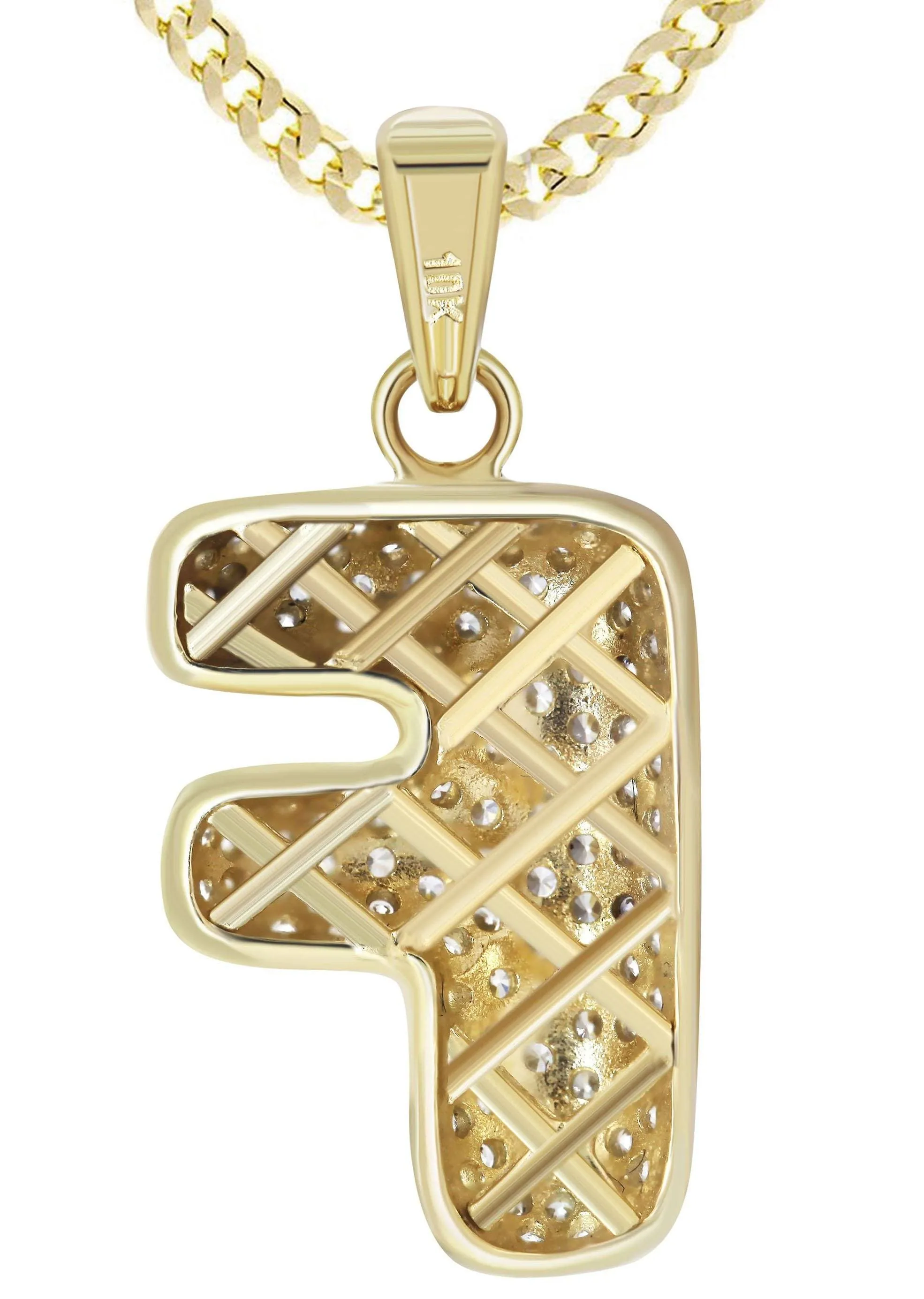 10K Yellow Gold Bubble Letter "F" CZ Necklace | Appx. 12.9 Grams