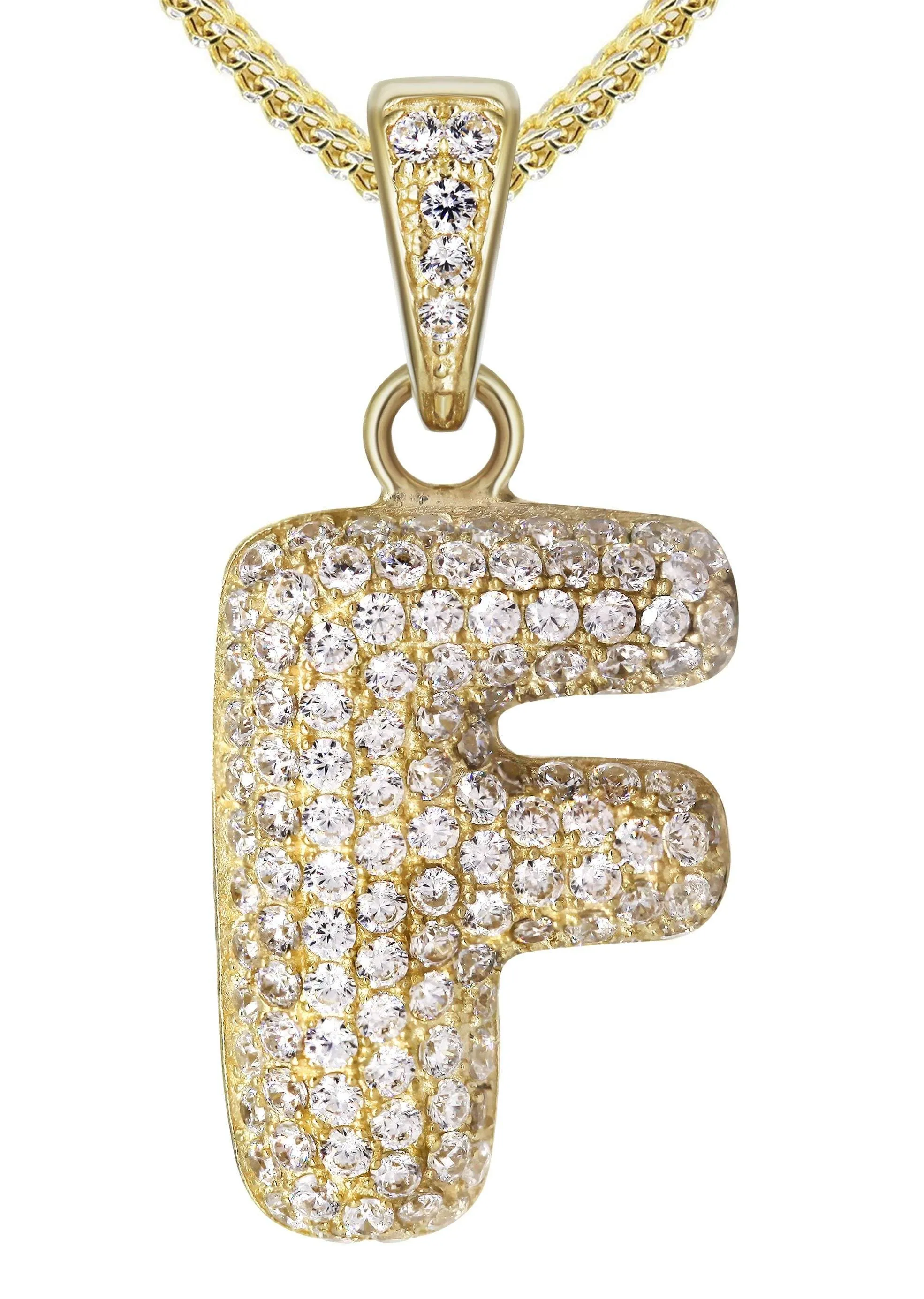 10K Yellow Gold Bubble Letter "F" CZ Necklace | Appx. 12.9 Grams