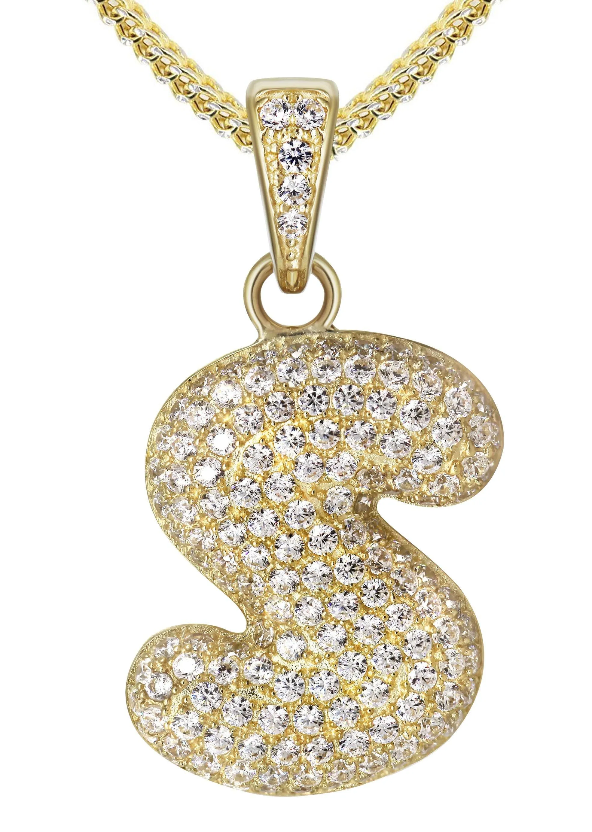 10K Yellow Gold Bubble Letter "S" CZ Necklace | Appx. 13.6 Grams