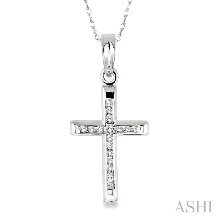 1/10 Ctw Single Cut Diamond Cross Pendant in 14K White Gold with Chain