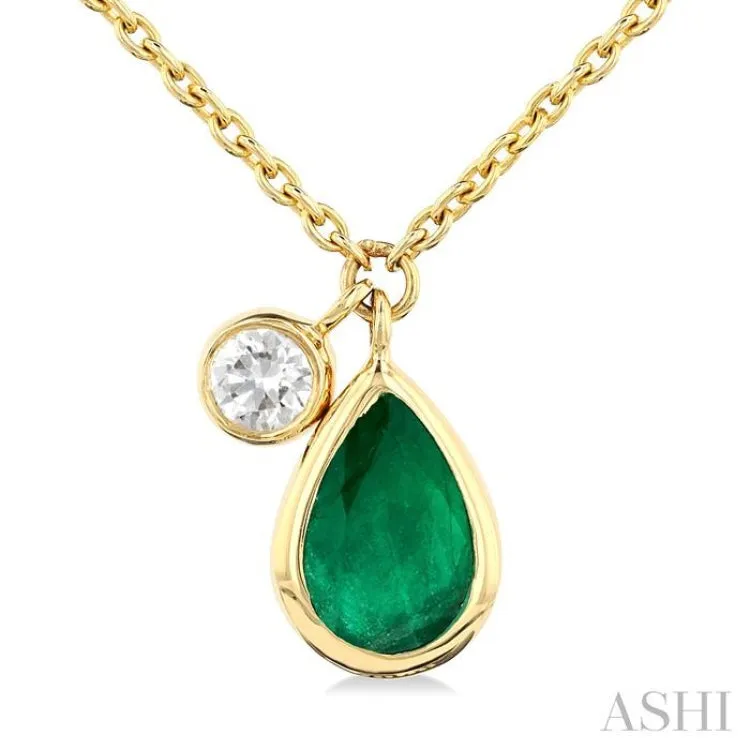 1/20 ctw Pear Cut 6X4MM Emerald and Bezel Set Round Cut Diamond Precious Necklace in 14K Yellow Gold