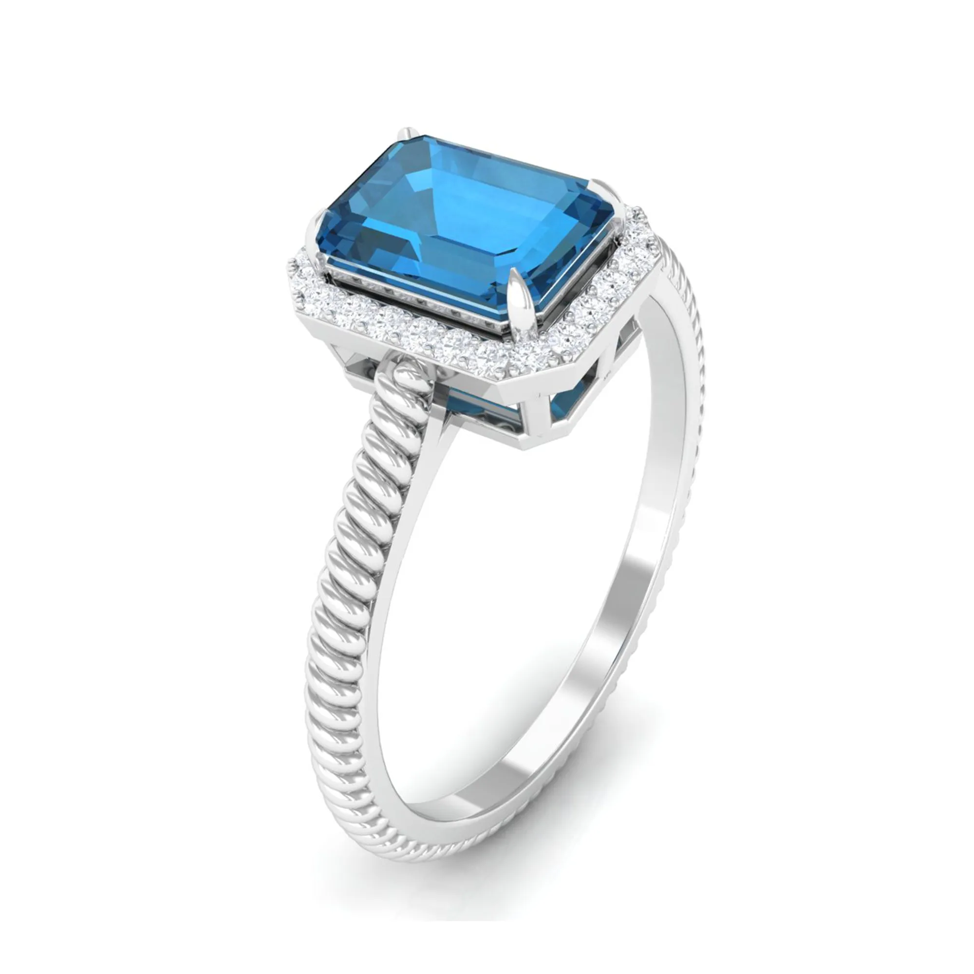 1.25 CT Octagon Cut London Blue Topaz Solitaire Ring with Diamond Halo