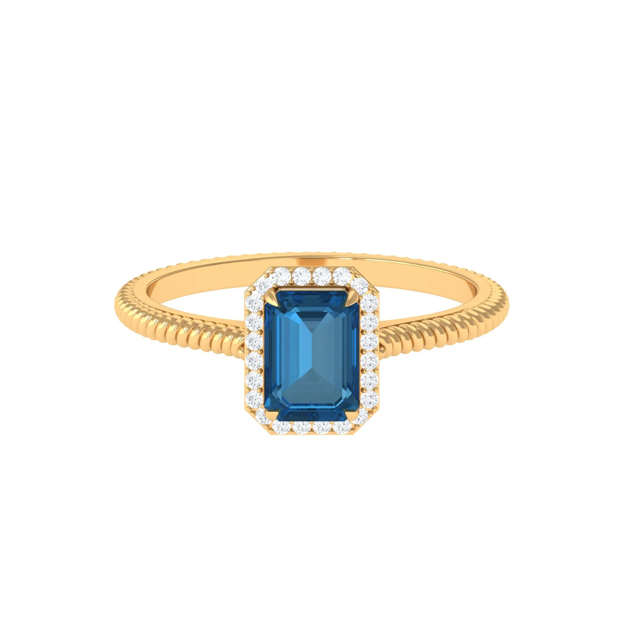 1.25 CT Octagon Cut London Blue Topaz Solitaire Ring with Diamond Halo