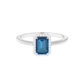 1.25 CT Octagon Cut London Blue Topaz Solitaire Ring with Diamond Halo