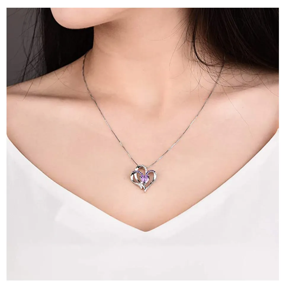 1/4 ct. Simulated Diamond Purple Heart Necklace Love Crystal Charm Valentines Anniversary Birthday Gift Mother Day Chain 925 Sterling Silver 20in.