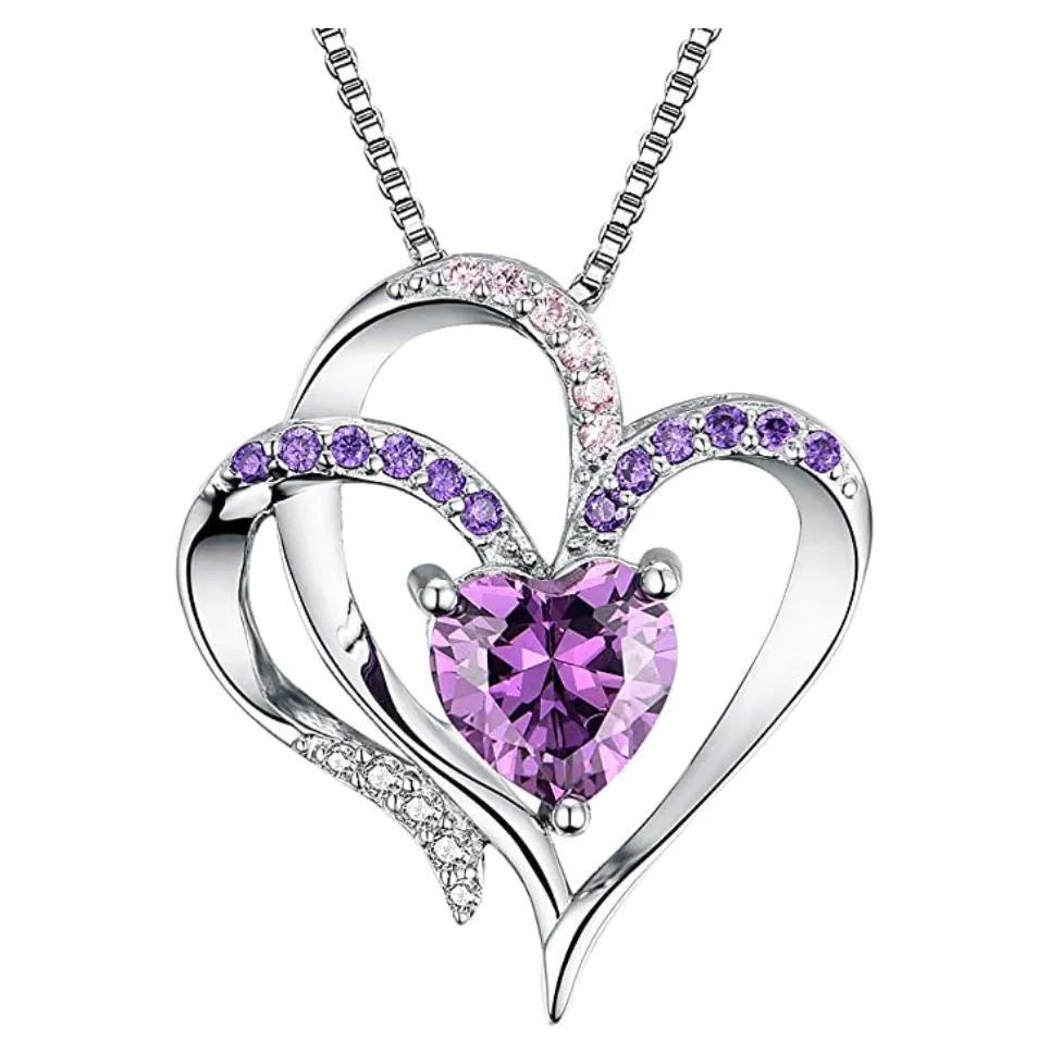 1/4 ct. Simulated Diamond Purple Heart Necklace Love Crystal Charm Valentines Anniversary Birthday Gift Mother Day Chain 925 Sterling Silver 20in.