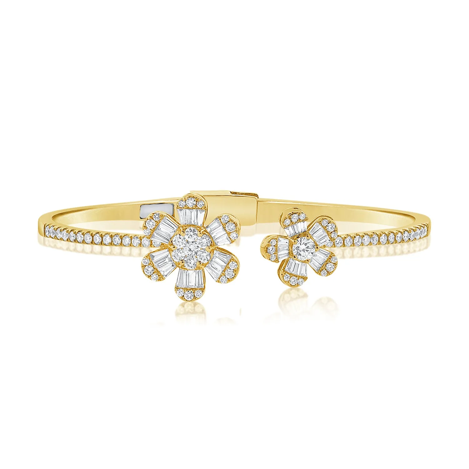 14K Gold & Baguette Diamond Flower Bangle - 2.05ct