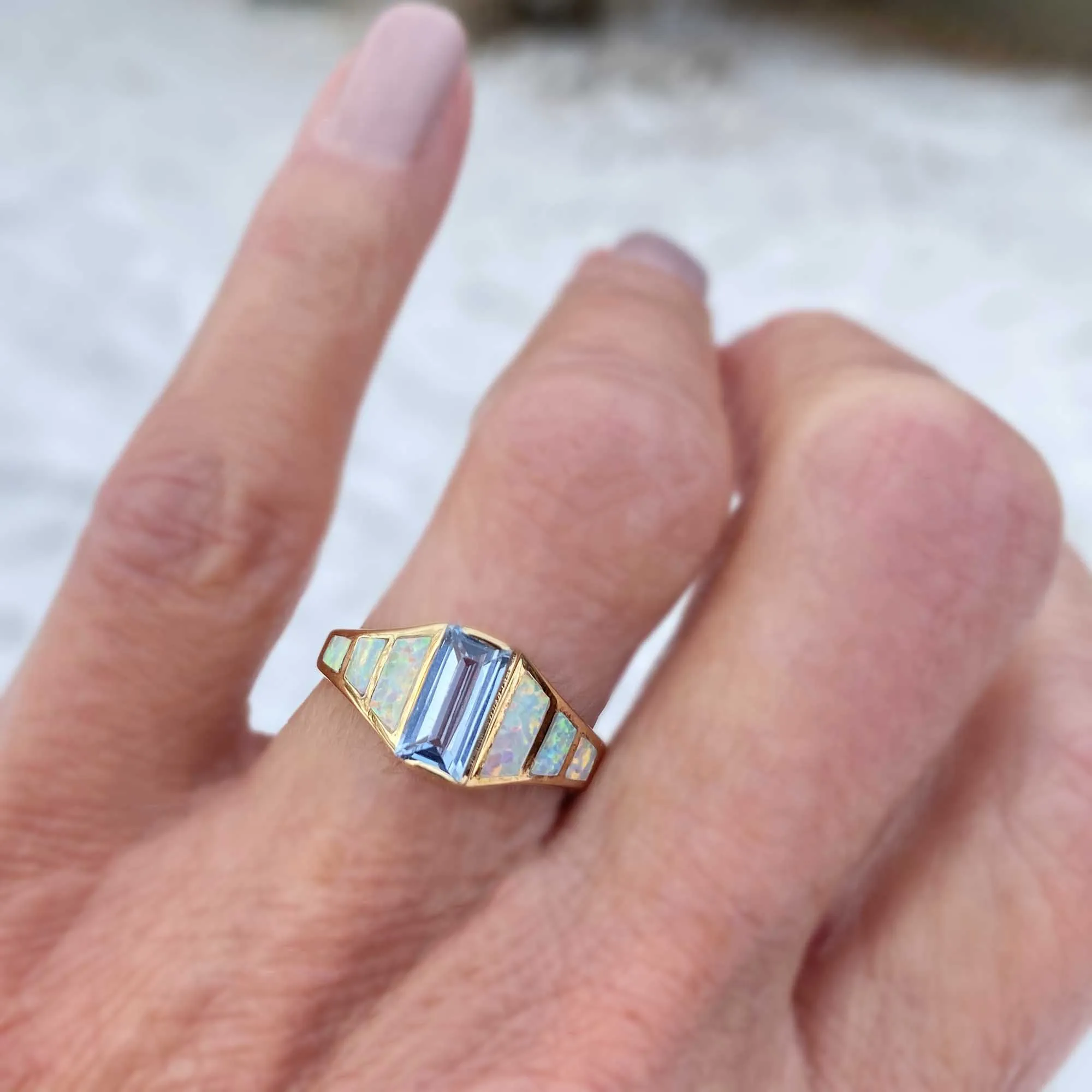 14K Gold Blue Topaz Baguette Opal Ring