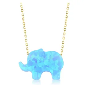 14K Solid Gold Blue Opal Pendant Elephant Necklace Elephant Pendant Jewelry Lucky Chain Gift 18in.