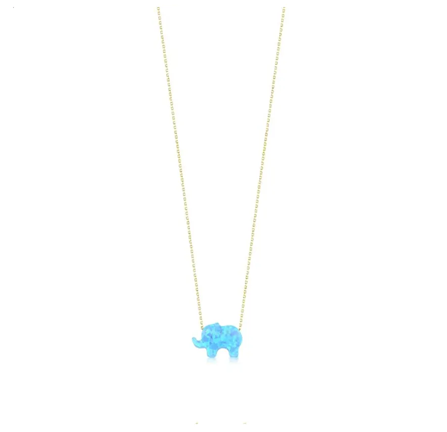 14K Solid Gold Blue Opal Pendant Elephant Necklace Elephant Pendant Jewelry Lucky Chain Gift 18in.