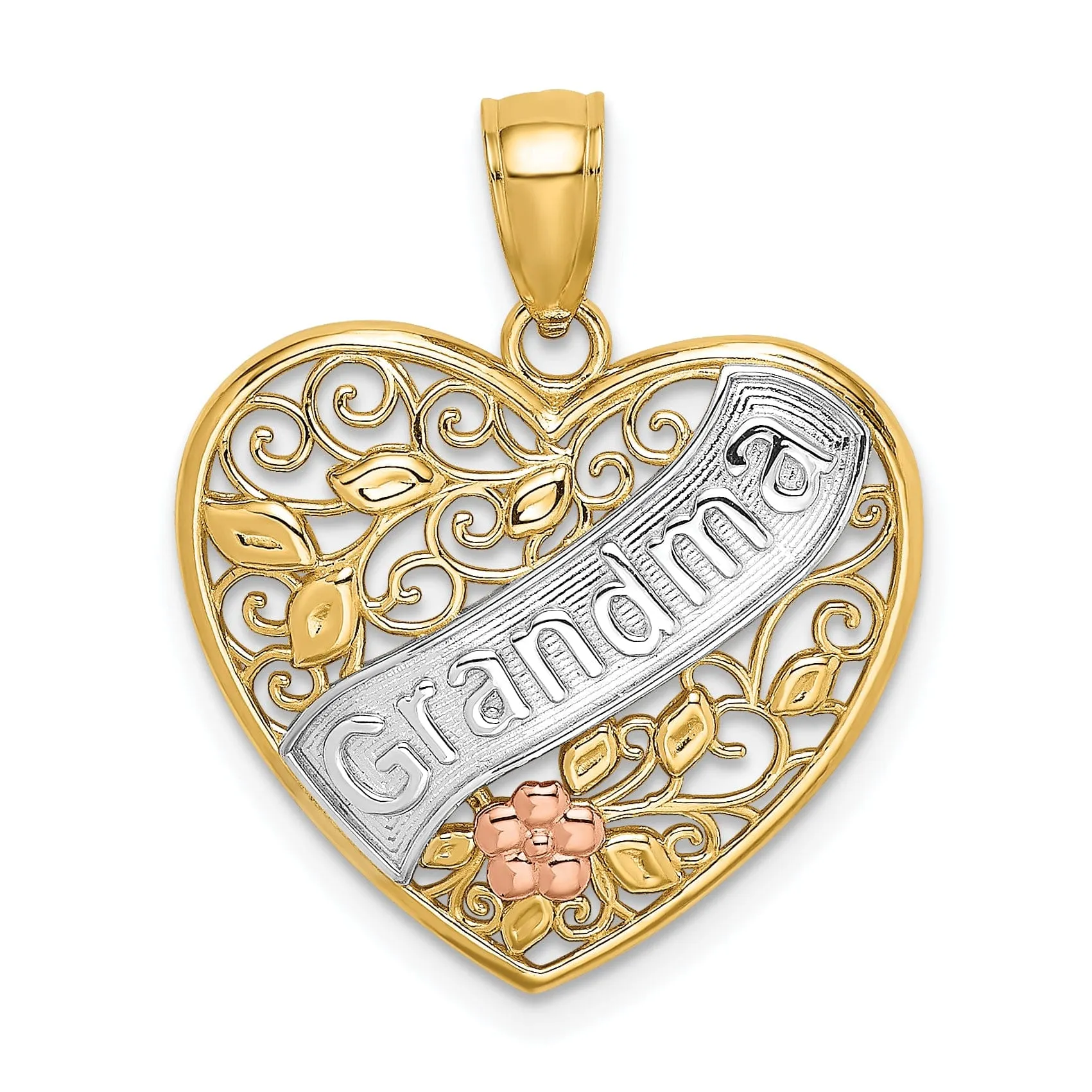 14k Two Tone Gold, White Rhodium GRANDMA In Filigree Heart with Flower, Leaf Design Charm Pendant