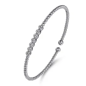 14K White Gold Bujukan Bead and Cluster Diamond Bangle, 0.14 Carat TW