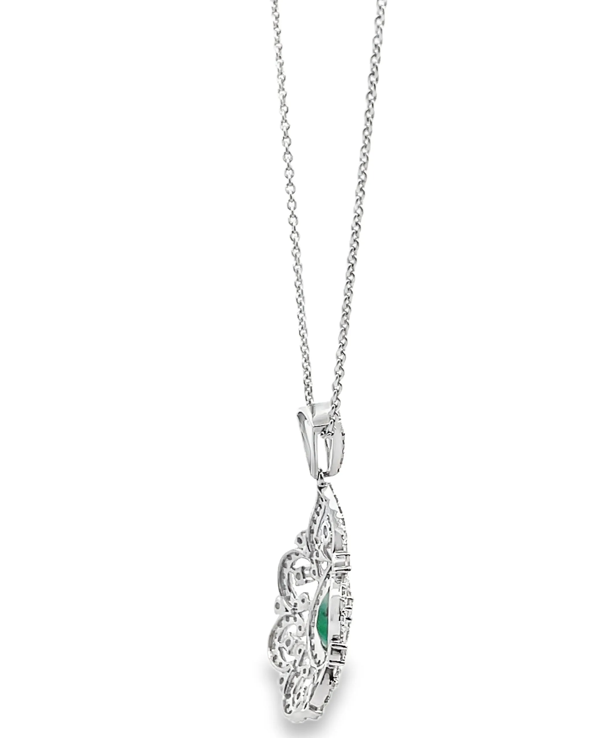 14K White Gold Modern Vintage Inspired Emerald & Diamond Pendant Necklace