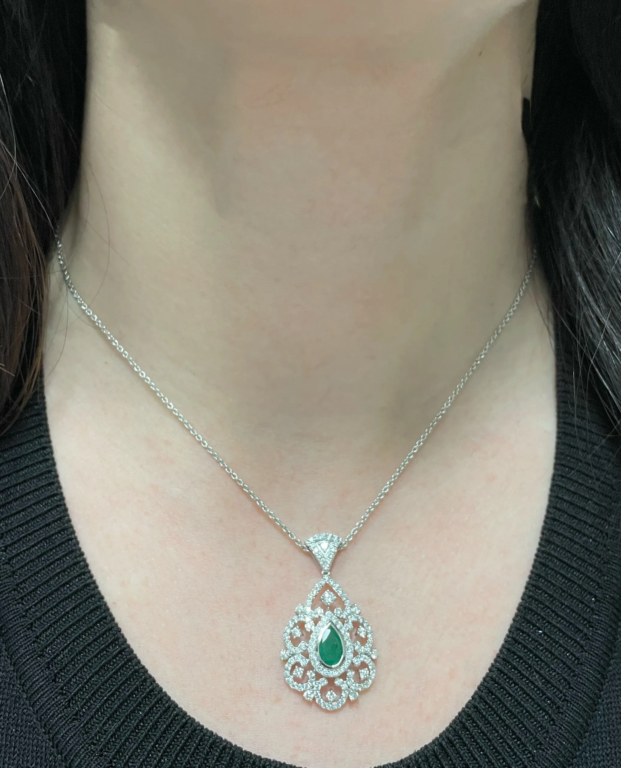 14K White Gold Modern Vintage Inspired Emerald & Diamond Pendant Necklace