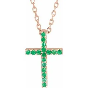 14K White Natural Emerald Petite Cross 16" Necklace