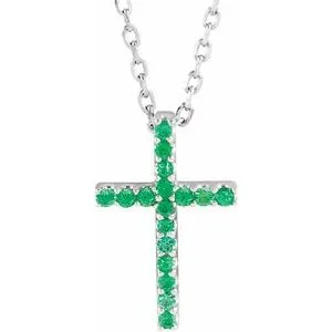 14K White Natural Emerald Petite Cross 16" Necklace