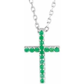 14K White Natural Emerald Petite Cross 16" Necklace