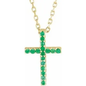 14K White Natural Emerald Petite Cross 16" Necklace