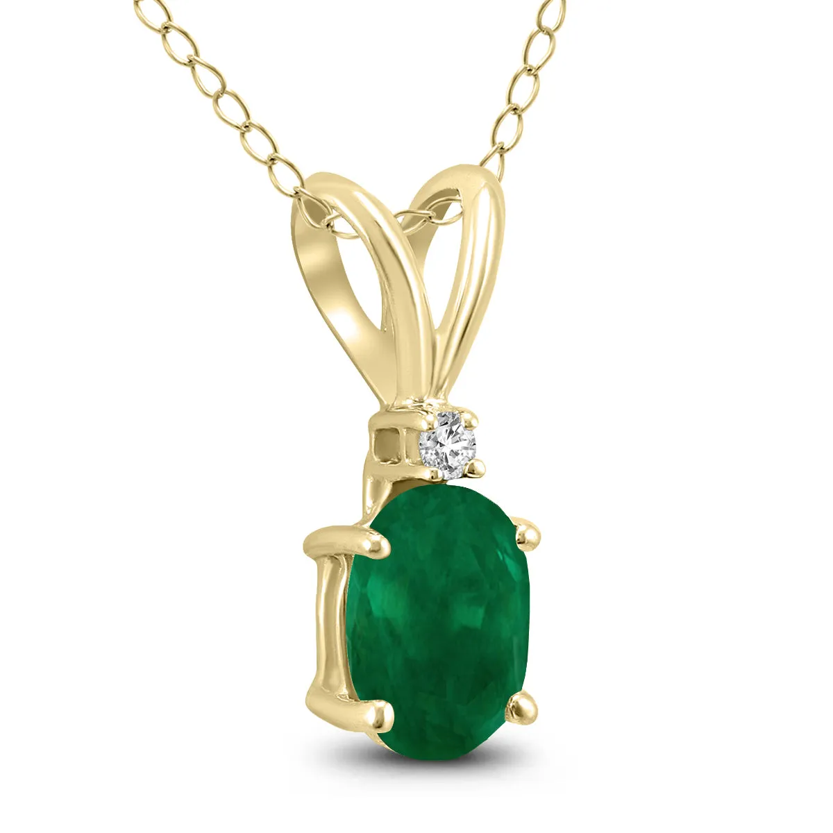 14K Yellow Gold 5X3Mm Oval Emerald And Diamond Pendant