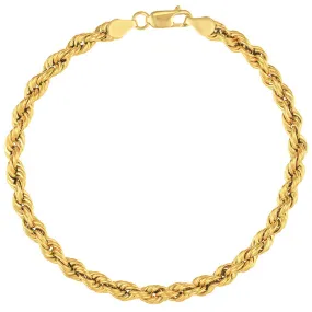 14k Yellow Gold Hollow 7mm Rope Chain Bracelet with Lobster Lock - Light Rope Chain Bracelet with Diamond Cut