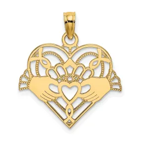 14K Yellow Gold Open Back Polished Finish with Beaded Design Claddagh In Heart Charm Pendant