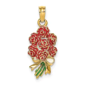 14k Yellow Gold Open Back Solid Polished Finish Enameled Bouquet of Red Roses Charm Pendant