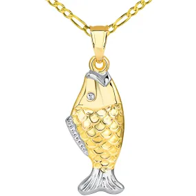 14k Yellow Gold Well Detailed Two Tone 3D Bass Vertical Fish Pendant Figaro Necklace