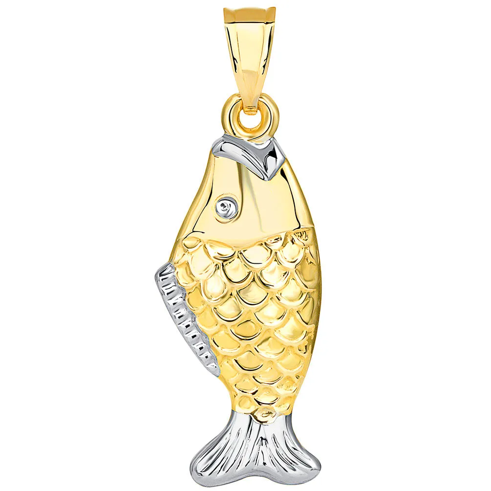 14k Yellow Gold Well Detailed Two Tone 3D Bass Vertical Fish Pendant Figaro Necklace