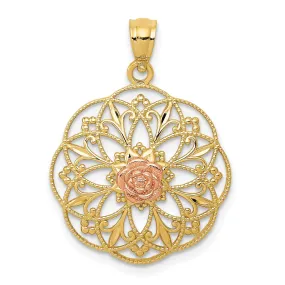 14k Yellow Rose Gold Rose in Filigree Pendant