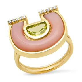 14K YG Peridot, Pink Opal and Diamond Horseshoe Ring