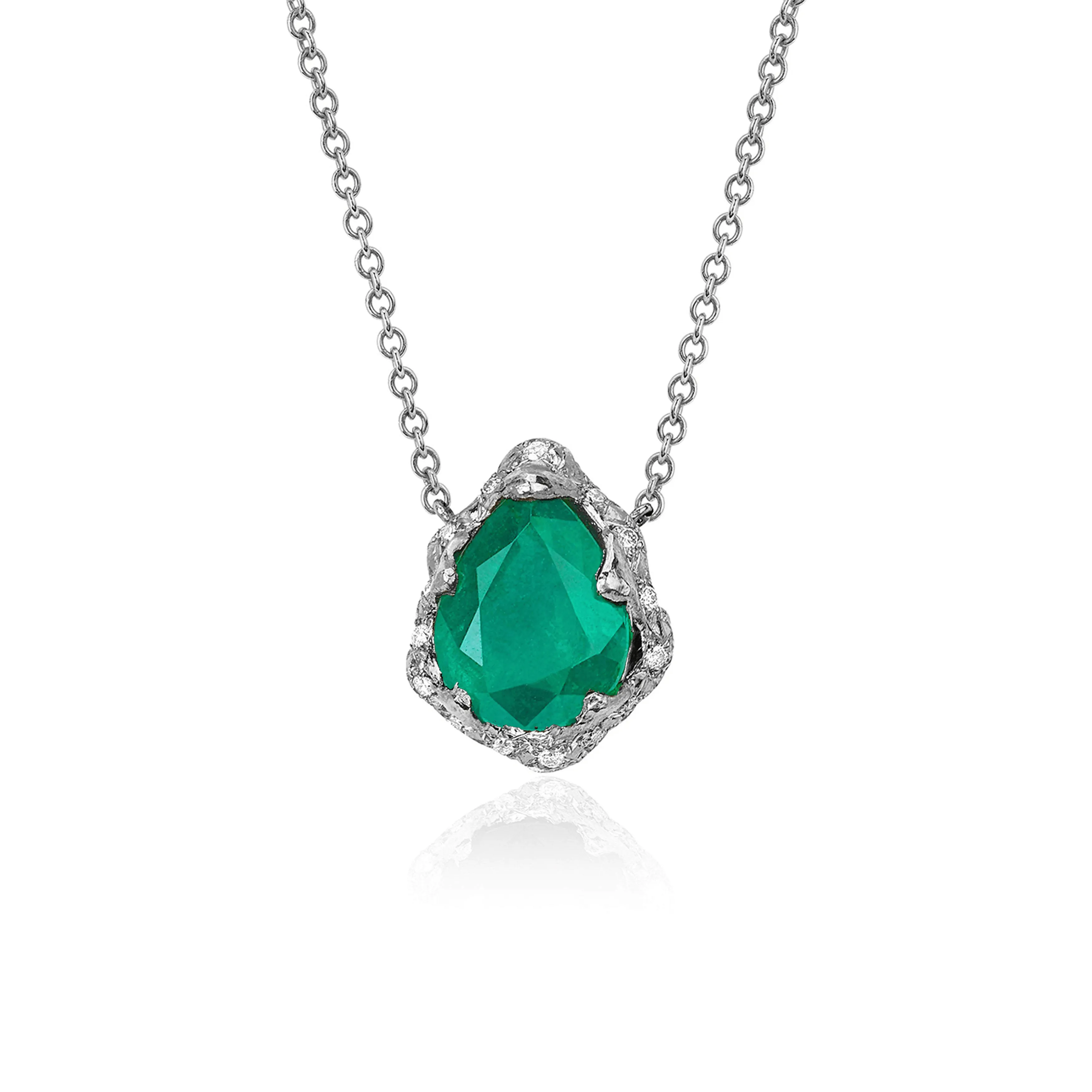 18k Baby Queen Water Drop Colombian Emerald Necklace with Sprinkled Diamonds