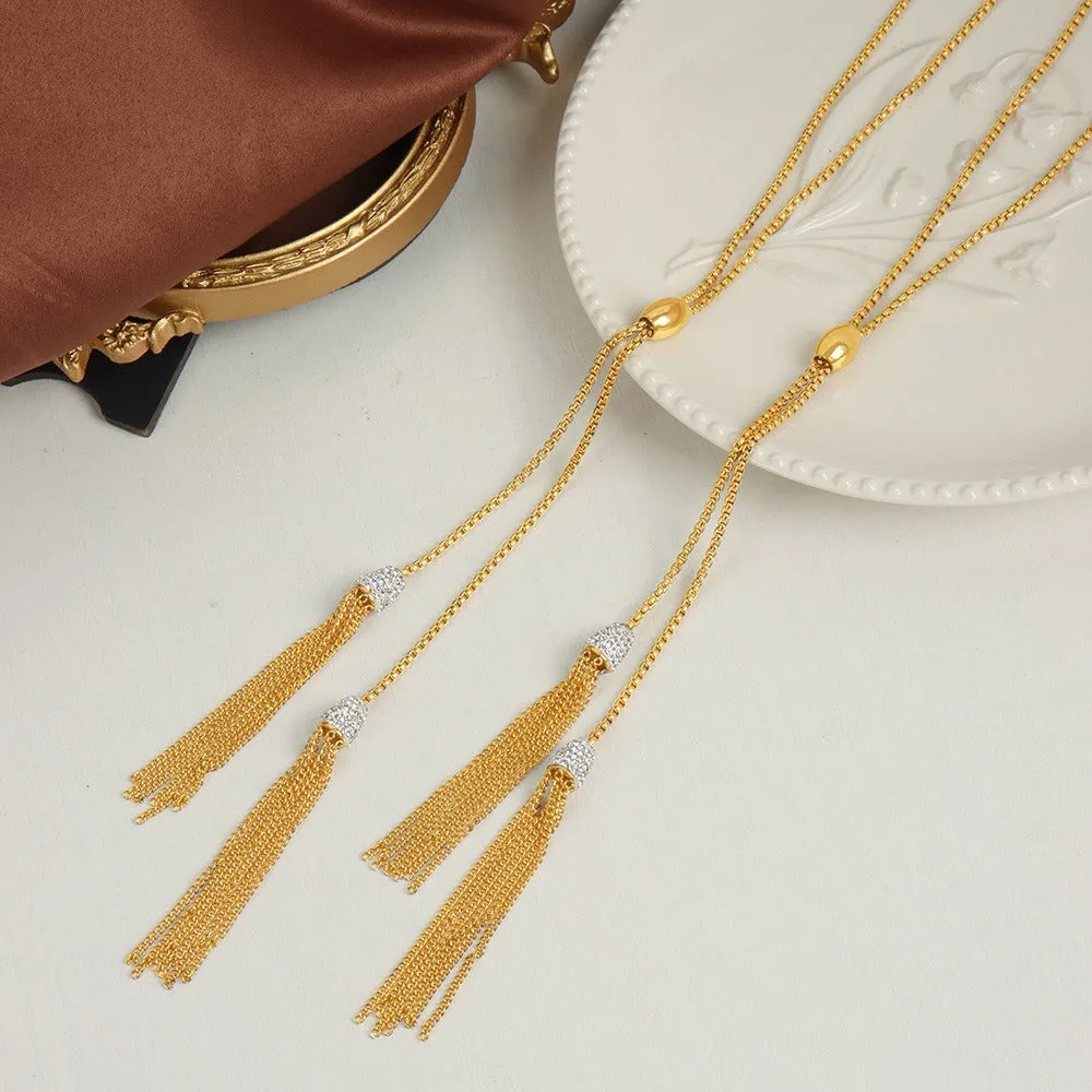 18K gold noble and luxurious sweater chain with long tassel inlaid zircon design necklace