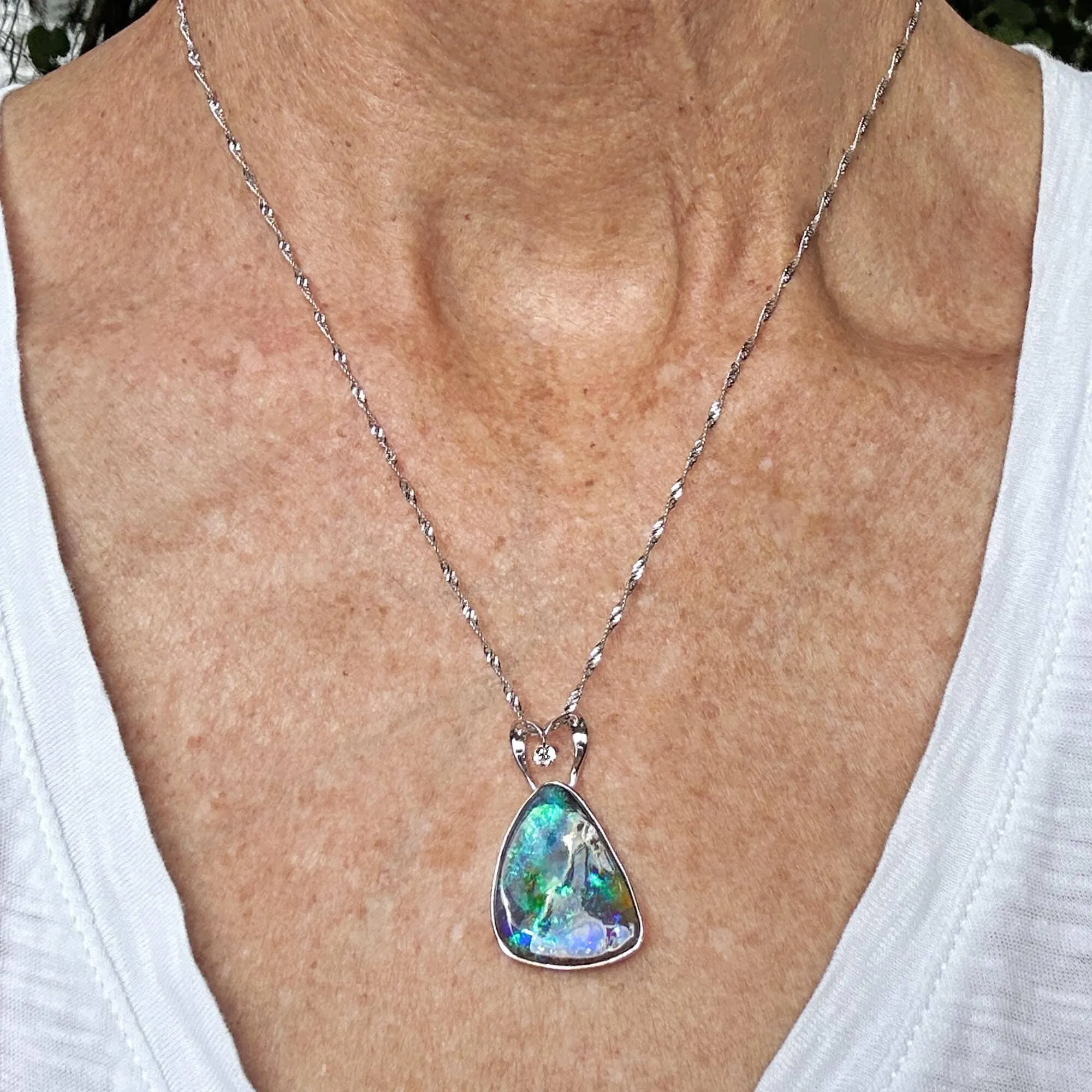 18K White Gold Diamond 13.99 CTW Boulder Opal Necklace