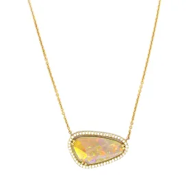 18k Yellow Gold Opal Necklace with a Diamond Halo