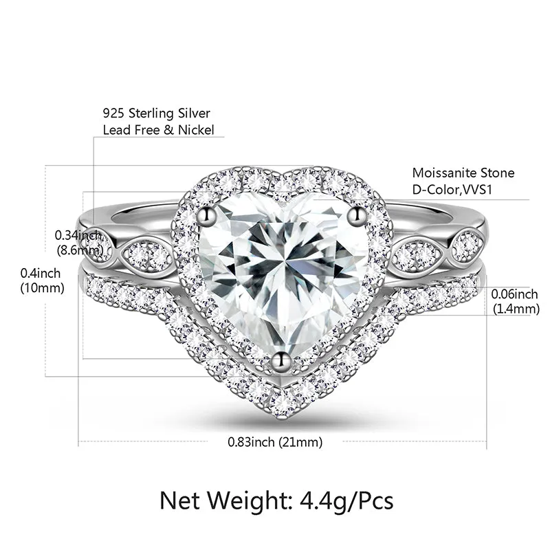 2 Carat Heart Cut Moissanite Engagement Ring Set,18K White Gold over Silver Wedding Rings for Women-Size (6-9)