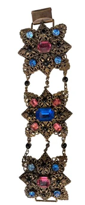 20s Interesting Pink and Blue Stone Filigree Bracelet