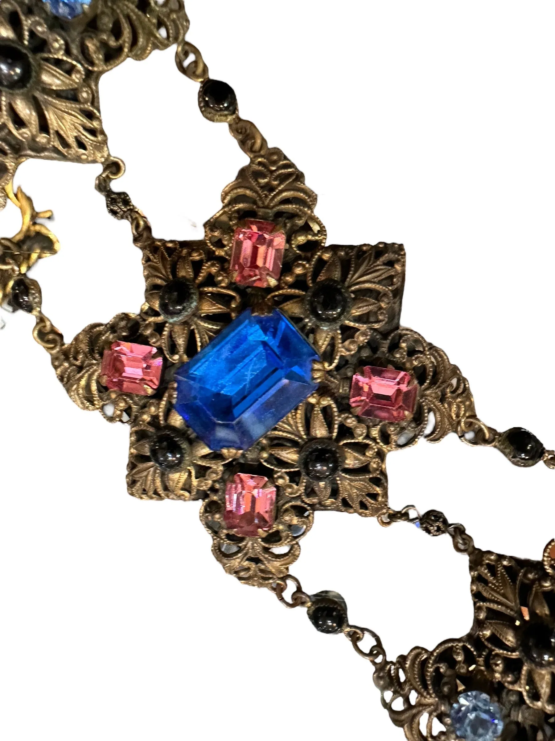 20s Interesting Pink and Blue Stone Filigree Bracelet