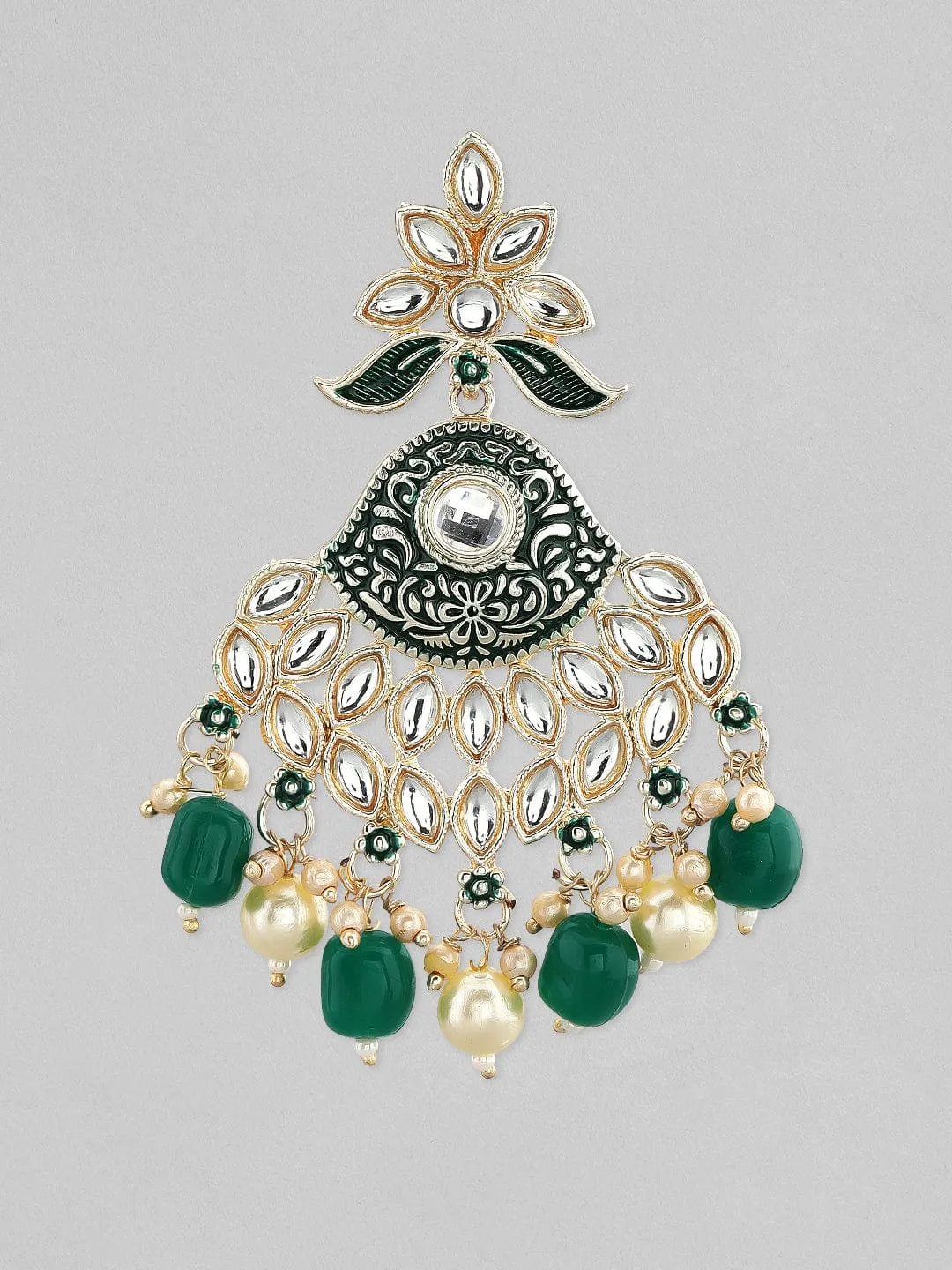 22K Gold-Plated Green & White Pearl Kundan Studded & Beaded Chandelier Earrings