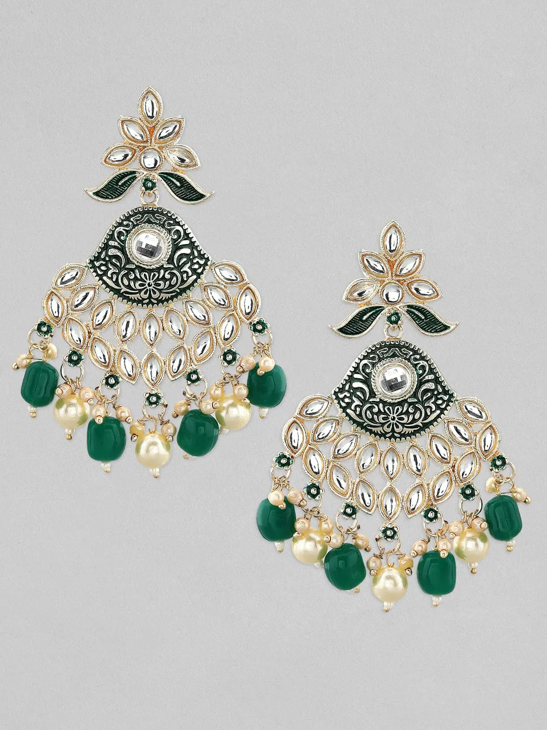 22K Gold-Plated Green & White Pearl Kundan Studded & Beaded Chandelier Earrings