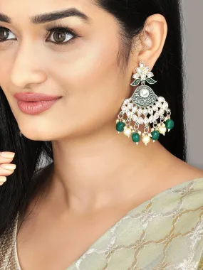 22K Gold-Plated Green & White Pearl Kundan Studded & Beaded Chandelier Earrings