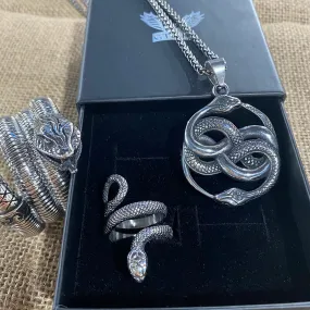 3 Pcs Coiled Snake Ring Pendant And Bracelet Jewelry Set