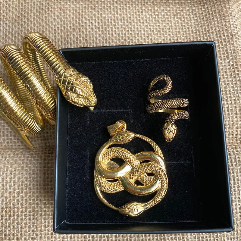 3 Pcs Coiled Snake Ring Pendant And Bracelet Jewelry Set