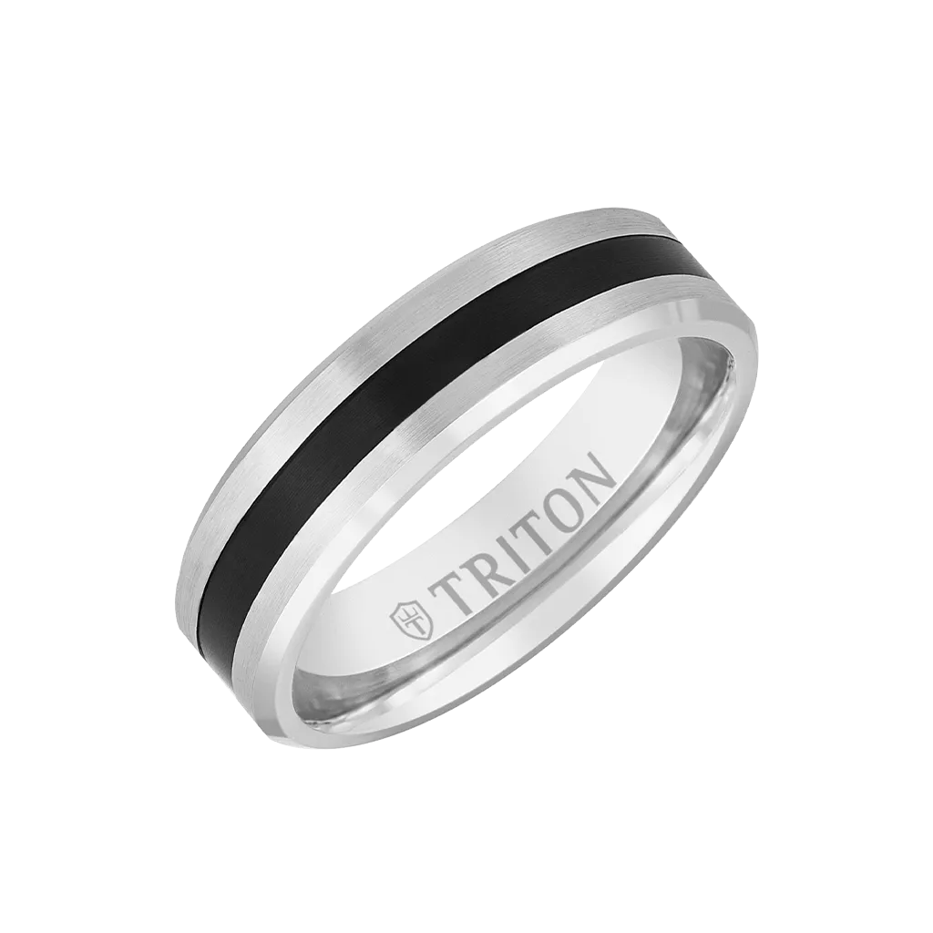 6MM 14k Gold Ring   Black Titanium Thin Flat Inlay with Bevel Edge