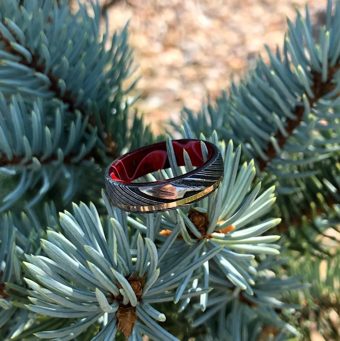 6mm Wide Damascus Steel Band with 14k Solid Rose Gold Inlay and Fire Sleeve