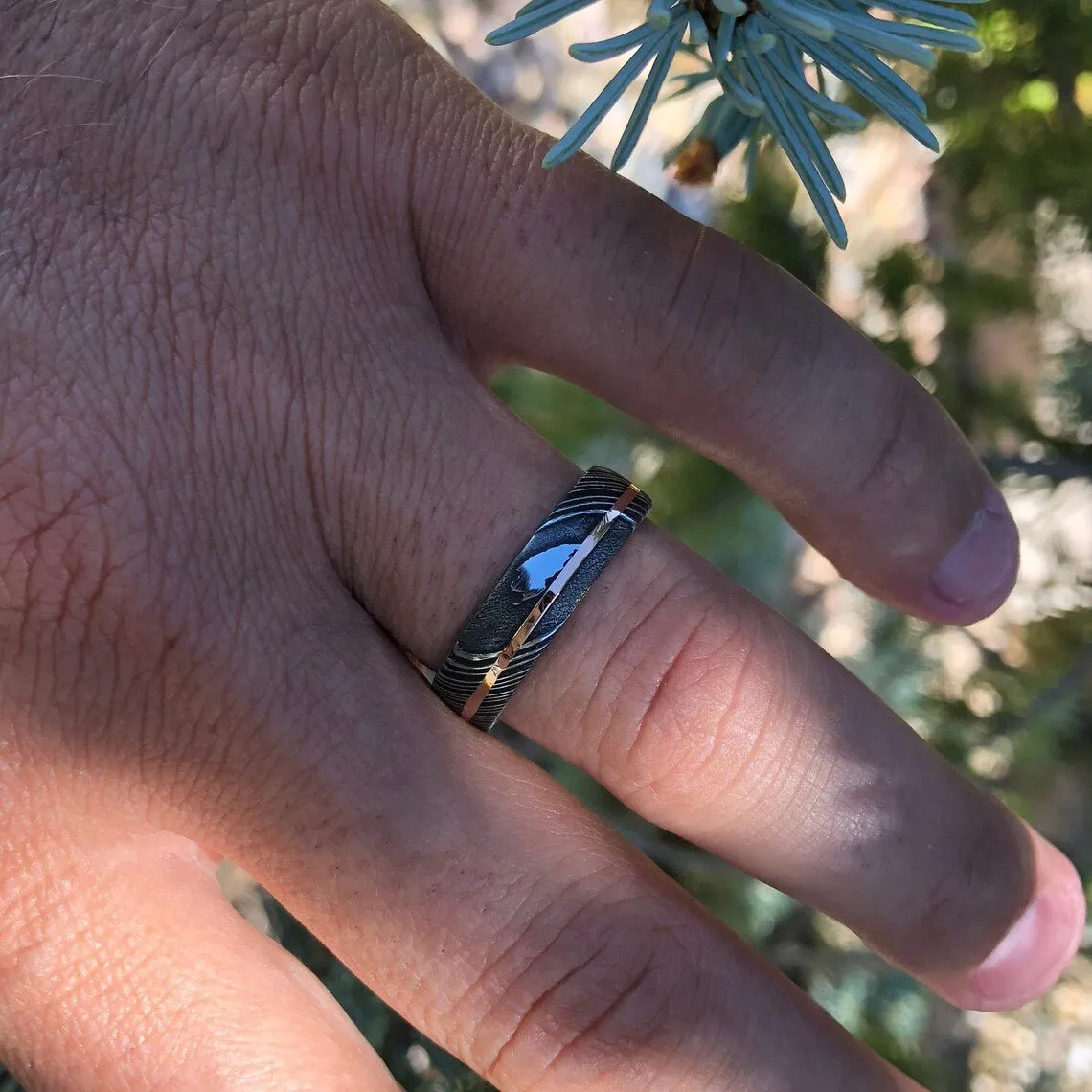 6mm Wide Damascus Steel Ring with 14k Rose Gold Inlay