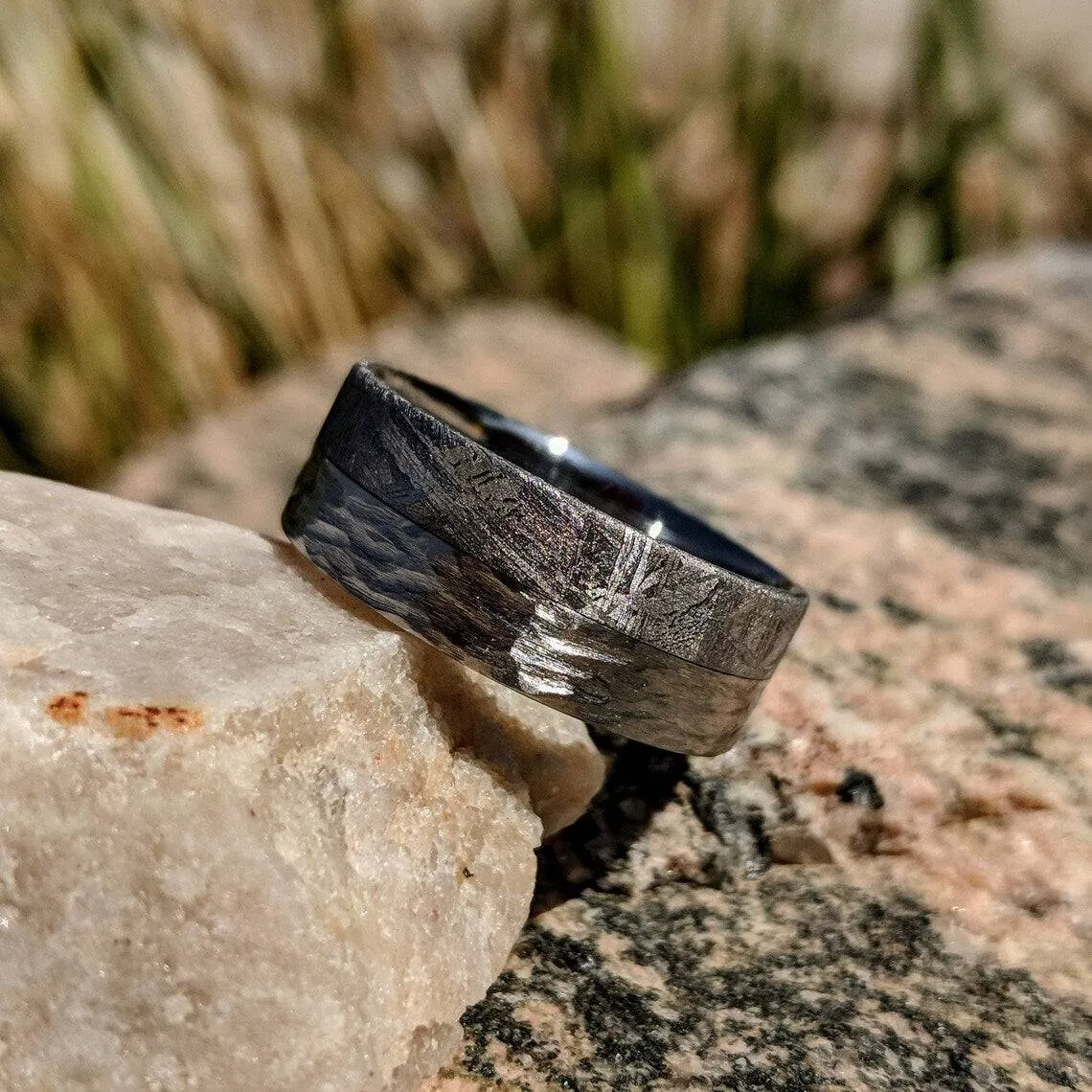 8mm Genuine Gibeon Meteorite Rings, Authentic Meteorite Wedding Band with Cobalt Chrome Sleeve